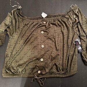 Green Off-Shoulder Button-Up Top